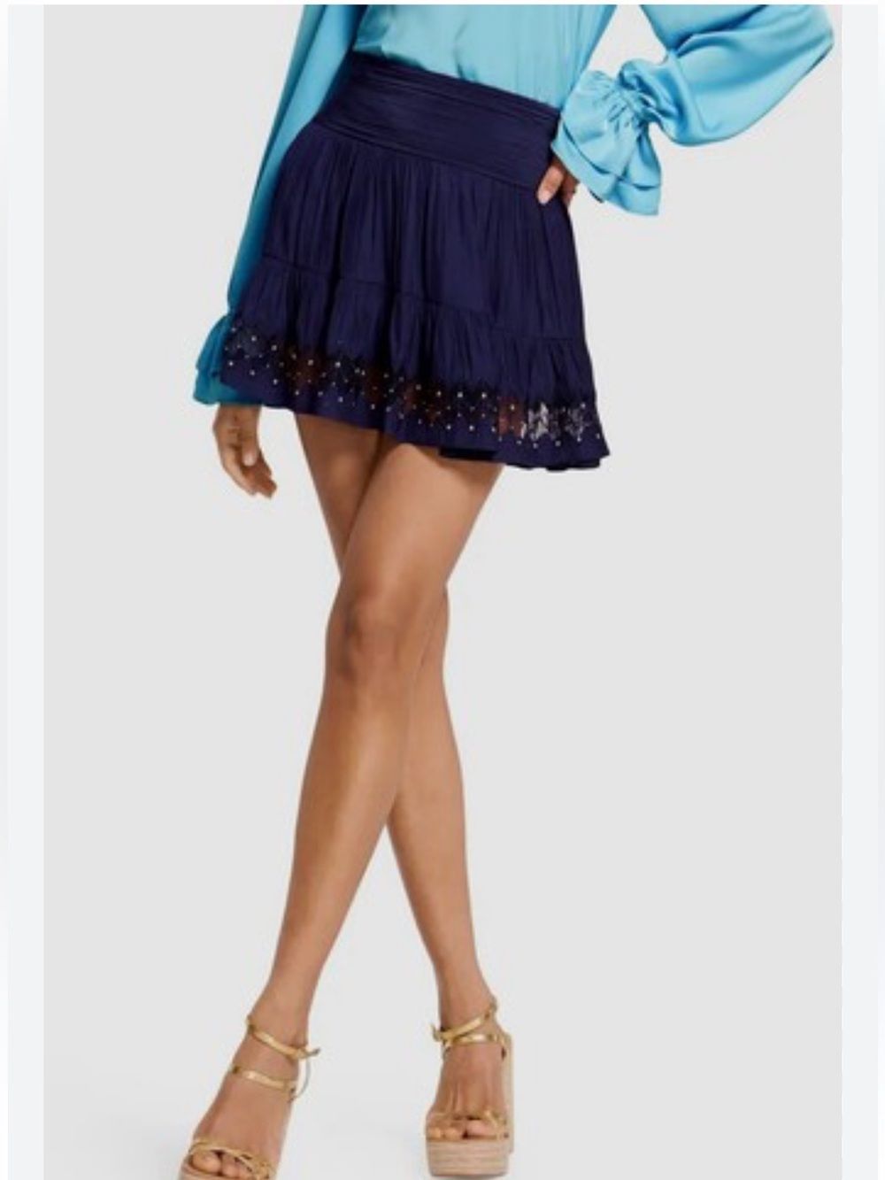 $207 Ramy Brook Blue Hartford Beaded Lace Hem Mini Skirt Nwt Small